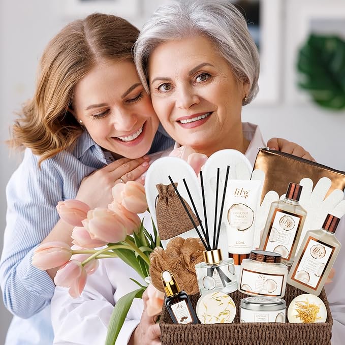 Bath and Body Gift Basket Set for Women - Coconut Vanilla Spa Gift Basket for Women 17-Piece Luxury Bath Gift Set with Shower Gel Self Care Pampering Gifts for Mothers Day, Christmas, Birthday Gifts