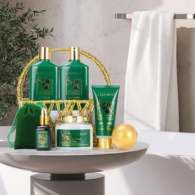 Mothers Day Spa Gift Basket for Women 9 Pieces Premium Eucalyptus Bath & Body Care Kit for Women & Men, Holiday Gift for Christmas, Valentine's Day, Father's Day, Birthday with Shower Gel & More