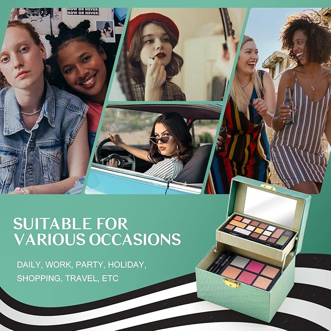 Color Nymph Beginner Makeup Kit For Teens, Girls Makeup kits With Recyclable And Key-Lockable Cabinet Included 17-Colors Eyeshadows Blushes Bronzer Highlighter Lipstick Brushes Mirror(Green)
