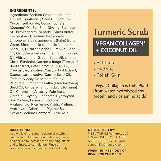 Exfoliating Turmeric Scrub and Skin Exfoliator with Collagen and Coconut Oil, Gently Exfoliates Face, Body, Hands, and Feet, Moisturizing Skincare, 16 oz by M3 Naturals