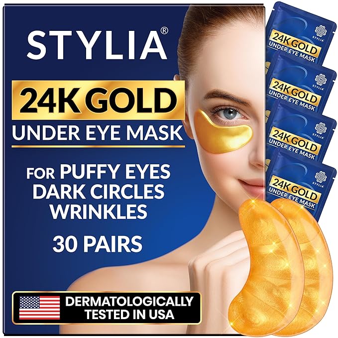 Stylia Under Eye Patches for Puffy Eyes and Dark Circles (30 Pairs) - 24k Gold Under Eye Mask with Vitamin C, Hyaluronic Acid, Pearl Extract - Eye Masks for Dark Circles and Puffiness