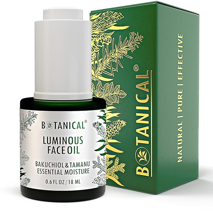 Botanical Luminous Face Oil | Skin Rejuvenating Tamanu & Bakuchiol w/Gua Sha Lift Scraper | Organic, Pure, Natural Skincare (0.6 fl oz | 18 ml)