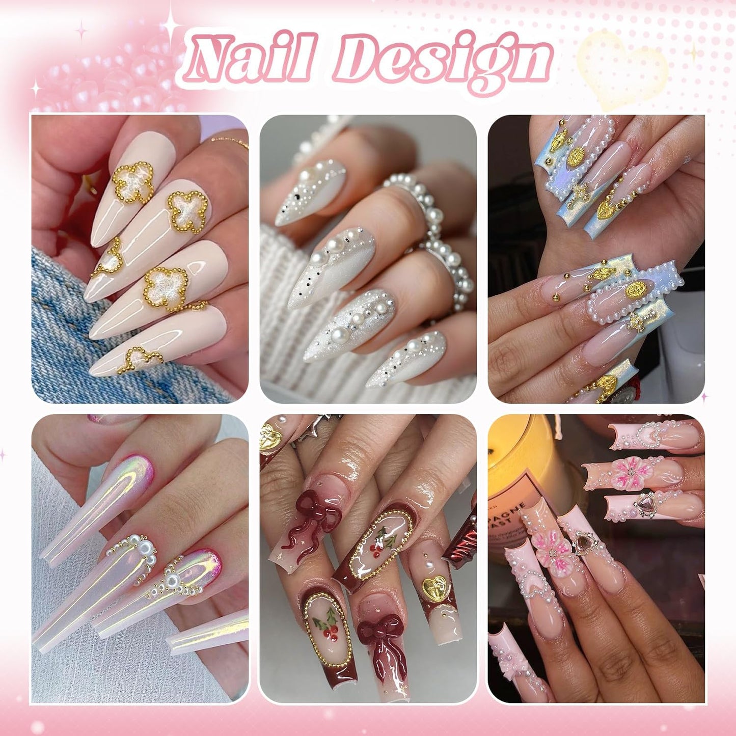 2 Boxes Flatback Pearls (White) and Metal Nail Beads (Silver+Gold) for Acrylic Nail Tips Manicure Decor