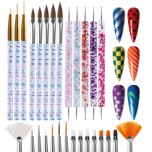 Artdone 28pcs Nail Art Brushes, Nail Art Tool Set, Dotting Tools, Dust Brush,Striping Brushes for Long Lines, Drawing Pen For Gel Polish Design supply