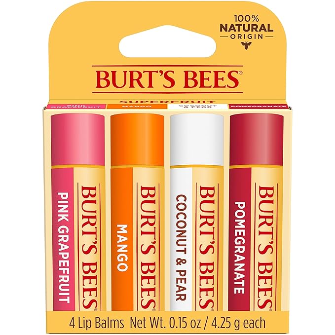 Burt's Bees Lip Balm - Pink Grapefruit, Mango, Coconut & Pear, and Pomegranate Pack, Lip Moisturizer With Beeswax, Tint-Free, Natural Origin Conditioning Lip Treatment, 4 Tubes, 0.15 oz.