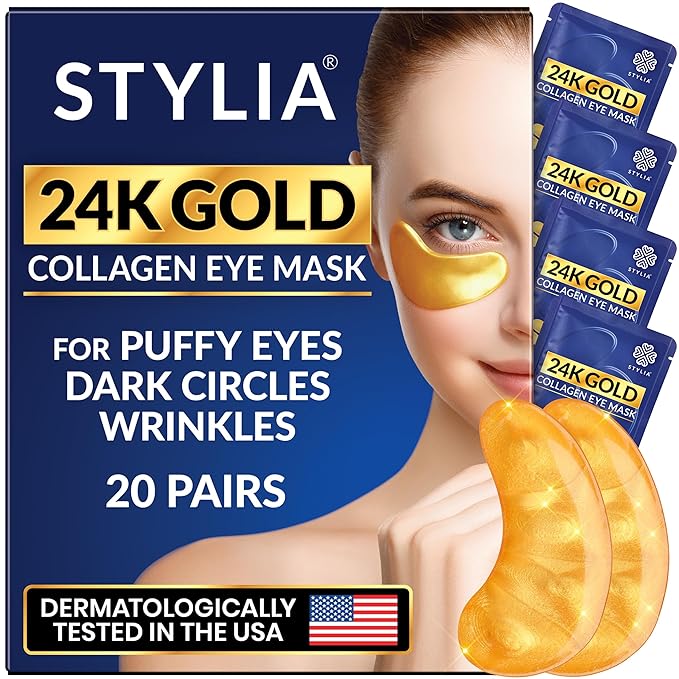 Stylia Under Eye Patches for Puffy Eyes and Dark Circles (20 Pairs) - 24k Gold Under Eye Mask with Vitamin C, Hyaluronic Acid, Pearl Extract - Eye Masks for Dark Circles and Puffiness