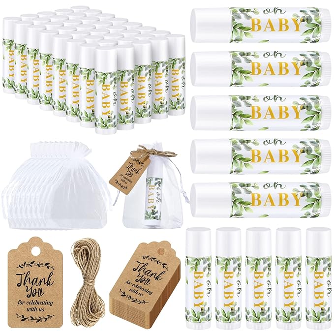 Demissle 50 Pcs Baby Shower Lip Balm Gift Set with 100 Pcs Organza Bags Baby Shower Party Favor for Guest Thank You Tag Rope Baby Shower Party Decoration Gender Reveal Souvenirs (Leaves)