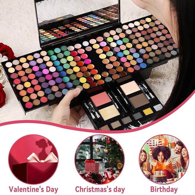 CHARMCODE 190 Colors Cosmetic Make up Palette Set Kit Combination with Eyeshadow Facial Blusher Eyebrow Powder Face Concealer Powder Eyeliner Pencil A Mirror All-in-One Makeup Gift Sets For Women