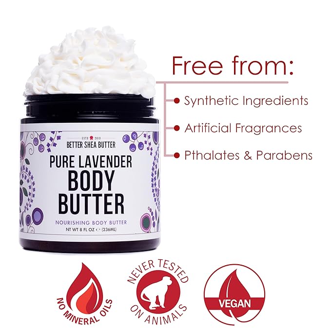 Lavender Body Butter with Shea Butter, Jojoba & Lavender Essential Oil - Natural Lotion for Women, Non-Greasy Moisturizer for Dry Skin, Whipped Body Cream