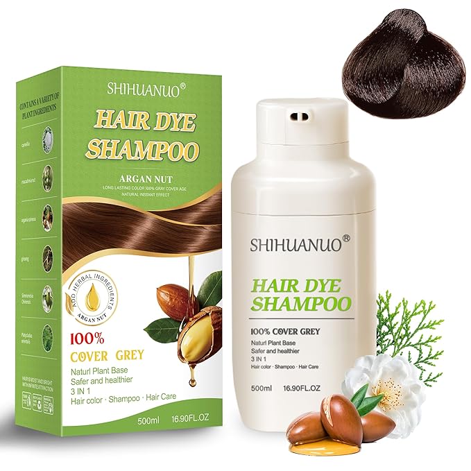 Hair Dye Shampoo 3 in 1 for Gray Hair Coverage,Argan nut Natural Shampoo Hair Dye for Women & Men/Ammonia-Free 500ml(Dark Brown)