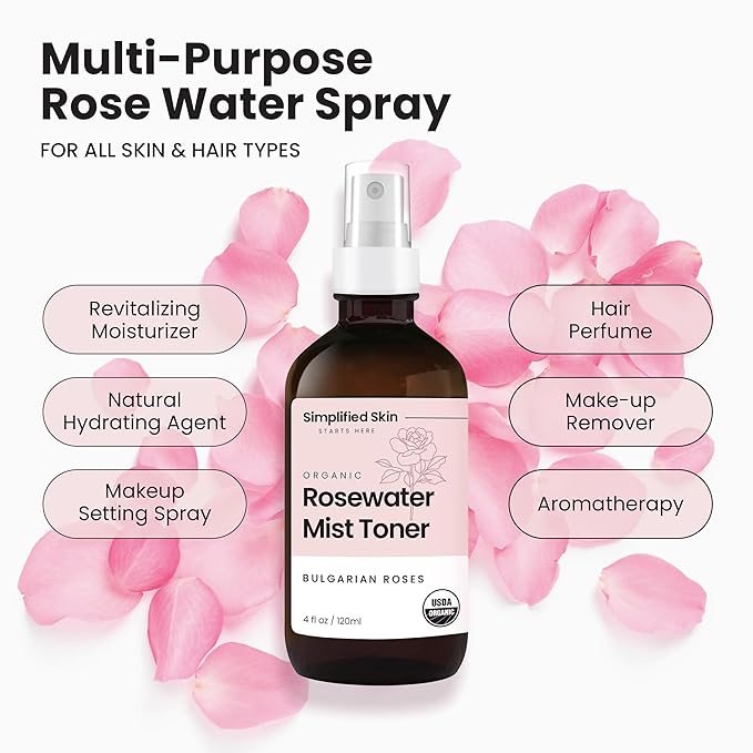 Simplified Skin Rose Water Spray for Face – Natural Organic Facial Toner – Hydrating Face & Hair Mist & Makeup Remover – Alcohol-Free 4 Fl Oz 3-Pack