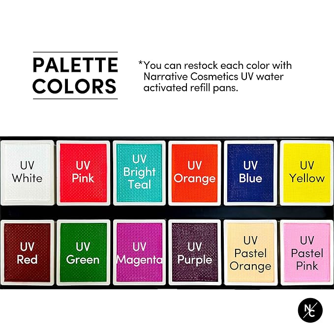 UV 12-Color Palette - Water-Activated Neon Glow Makeup for Face & Body - Fluorescent Shades for SFX, Party Makeup, Cosplay & Theatrical Performances