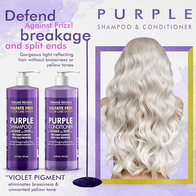 Natural Riches Purple Shampoo and Conditioner Set Sulfate Free Salon Grade for Silver Blonde Platinum Hair. Removes Yellow & Brass tones. Grey Highlighted Hair 16x2 fl oz