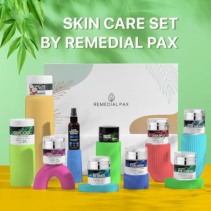 Skincare Gift Set, 10 Anti-Aging Beauty Products for Women & Men, Facial Creams & Moisturizers, Hair Growth Serum, & Hemp Cream, for Hair, Neck, Dark Spots, Scars, Dark Circles, & Dry Skin