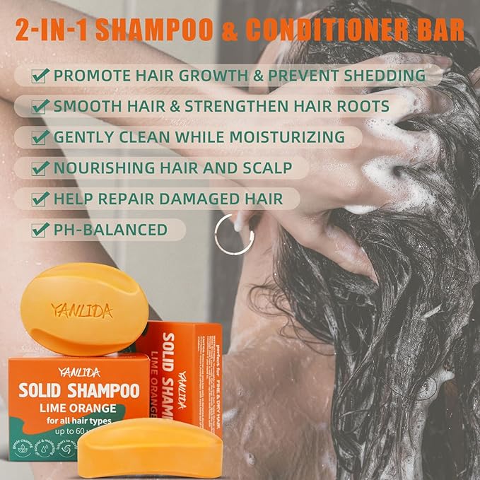 Solid Shampoo Conditioner Bar 2-In-1, Citrus Bar Shampoo for Dry, Itchy, and Oily Scalp, pH Balanced, Vegan Bars for Hair Strengthening Cleansing Moisturize, Cruelty-Free, 3 oz (Pack of 2)