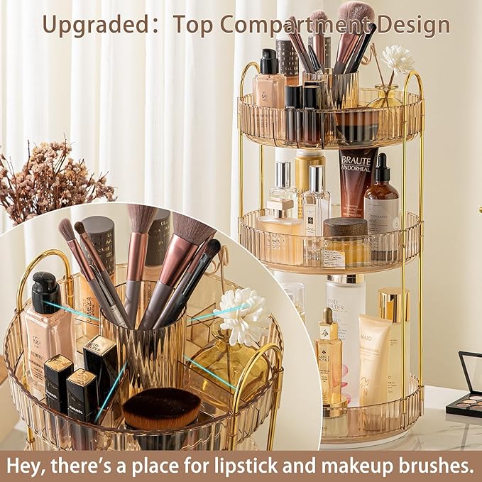 Rotating Makeup Organizer for Vanity, High-Capacity Skincare Clear Make Up Storage Perfume Organizers Cosmetic Dresser Organizer Countertop 360 Spinning (Gold, New-3 Tier)