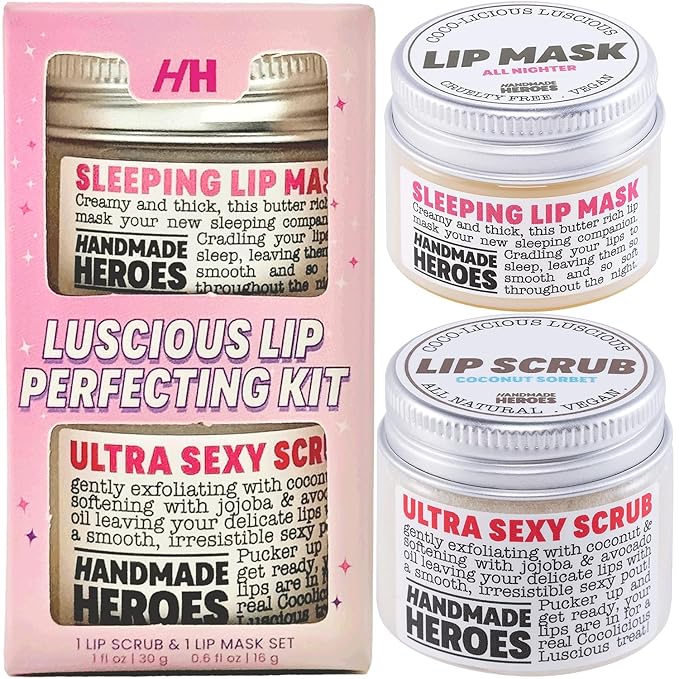 Handmade Heroes 100% Natural Coconut Lip Exfoliator & Lip Mask Gift Set - Gentle Exfoliant Sugar Lip Polish & Moisturizer for Chapped & Dry Lips
