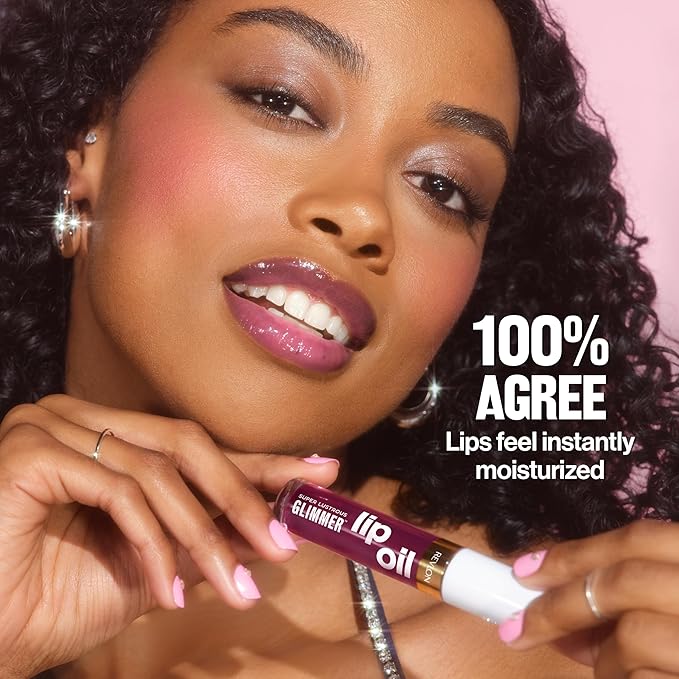 REVLON Super Lustrous Glimmer Lip Oil, Moisturizing & Tinted, Shiny Finish, Made with Plant-Based Squalane, 001 Candy Hearts, 0.13 fl oz