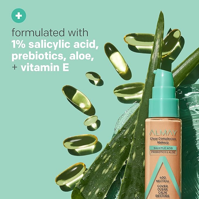 Almay Clear Complexion Acne Foundation Makeup with Salicylic Acid - Lightweight, Medium Coverage, Hypoallergenic, Fragrance-Free, for Sensitive Skin, 710 Natural Tan, 1 fl oz.