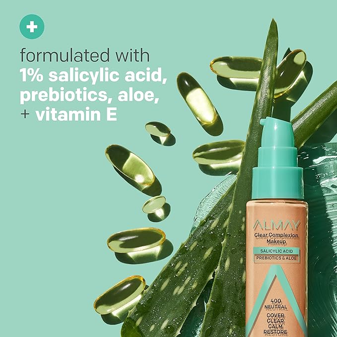 Almay Clear Complexion Acne Foundation Makeup with Salicylic Acid - Lightweight, Medium Coverage, Hypoallergenic, Fragrance-Free, for Sensitive Skin, 910 Mocha, 1 fl oz.