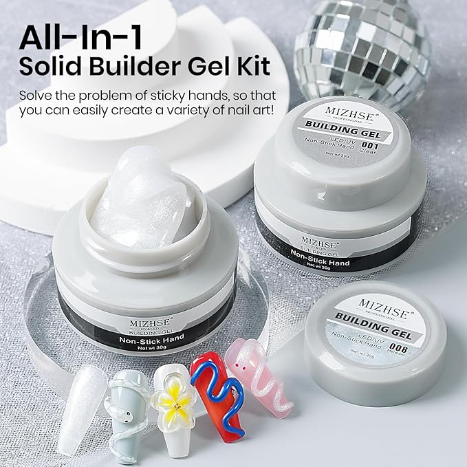 MIZHSE Solid Builder Gel for Nails Kit: 2PCS 30g 3D Pearl White & Clear Hard Gel for Nailswith Nail Forms 3D Silicone Mold Soak off U V LED Builder Gels for Extension Home Manicure