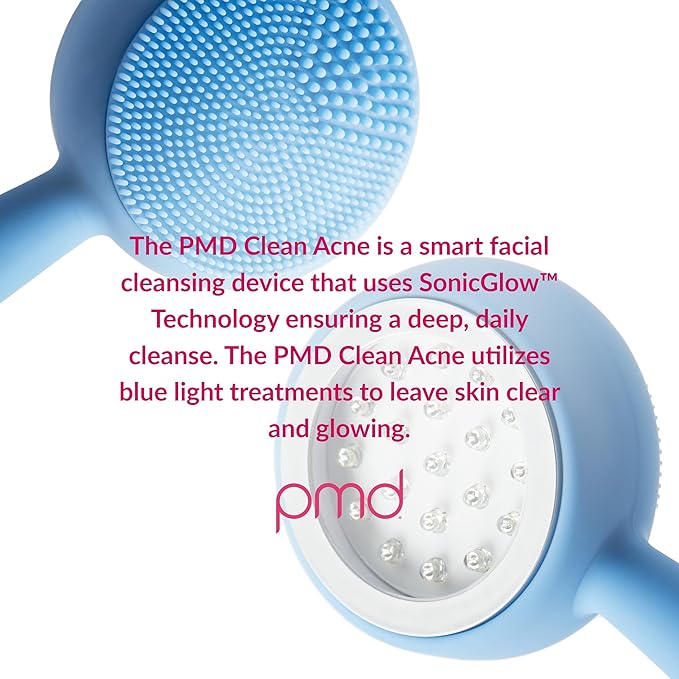 PMD Beauty Facial Cleansing Brush - Smart Silicone Brush with Blue Light Treatment - SonicGlow Vibration - Waterproof Device for Acne
