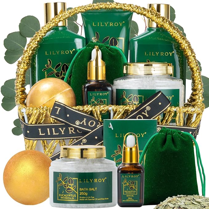 Mothers Day Spa Gift Basket for Women 9 Pieces Premium Eucalyptus Bath & Body Care Kit for Women & Men, Holiday Gift for Christmas, Valentine's Day, Father's Day, Birthday with Shower Gel & More
