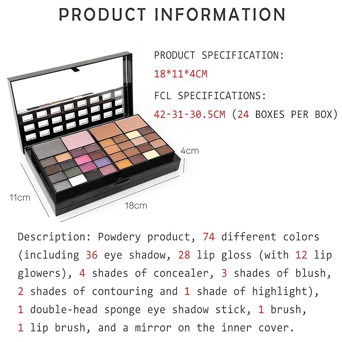Professional Makeup Palette Set, 36 Colors Eyeshadow + 28 Lip Glosses + 4 Concealer Powder + 3 Blushers + 2 Contouring + 1 Highlight + 3 Brushes + Mirror, Make Up Palette Set