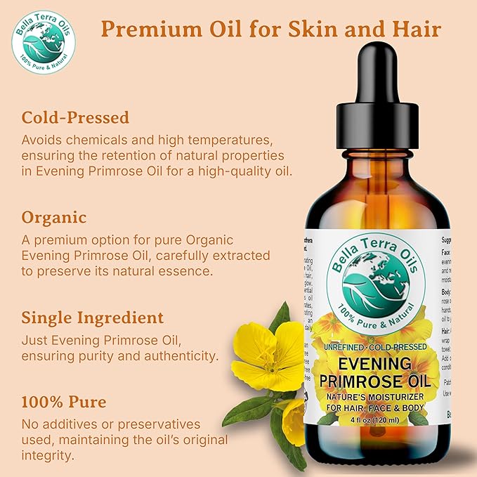 Bella Terra Oils - Organic Evening Primrose Oil 16 oz - Embrace the Enchanting Primrose Nutritional Profile, High in GLA & Fatty Acids, Elevate Your Beauty Routine