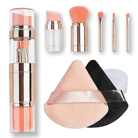 kullder Travel Makeup Brush 5 in 1 Makeup Brush set Blend Sponge Eyebrow Eyeshadow & Blush Brushes for Foundation Concealer Double Ended Makeup Brush with Powder Puff Ideal Womens Gifts