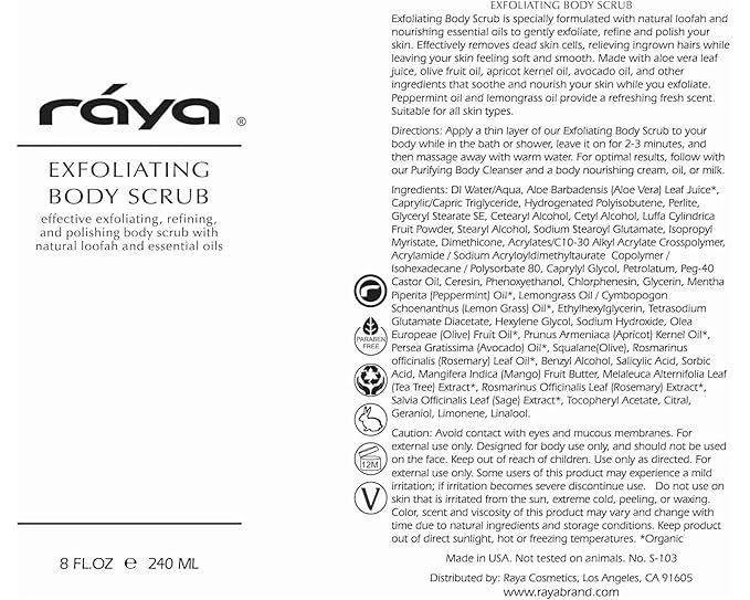 RAYA Exfoliating Body Scrub 16 oz (S-103) | Exfoliating, Refining, and Polishing Body Scrub | Made with Natural Loofah and Essential Oils | Relieves Ingrown Hairs
