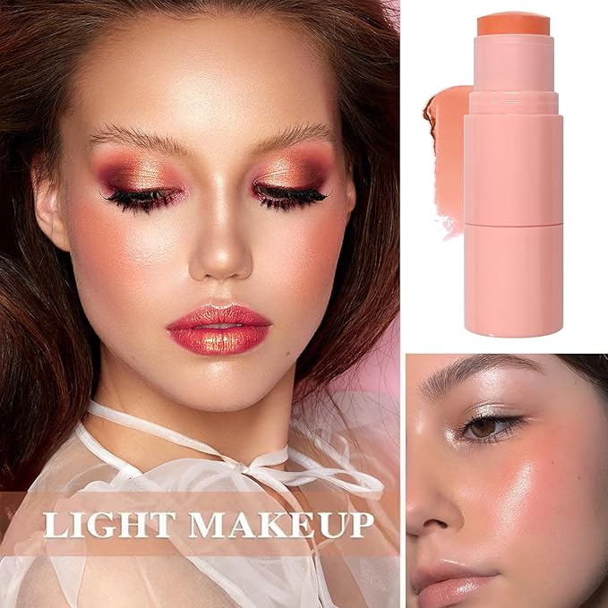 Cream Blush Stick with Brush and Makeup Sponge,Waterproof Multi Cream Makeup Stick,Lightweight,Long-lasting,2 in 1 Multi Blush for Cheeks & Lip Tint & Eyeshadow P