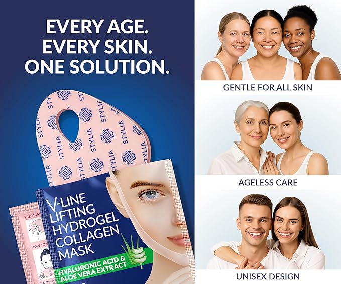 STYLIA V Line Lifting Collagen Face Mask - Double Chin Strap for Women - Jawline Shaper Face Lift Tape - Neck Lift Collagen Mask - Chin Strap for Sleeping - Hyaluronic Acid, Aloe Vera, Cica 10PC