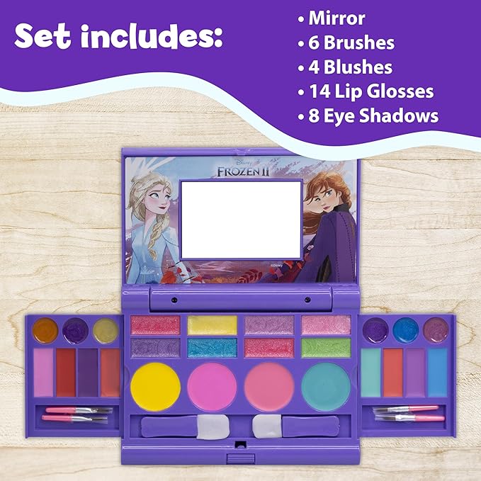 Disney Frozen Elsa Anna Cosmetic Compact Set with Mirror 22 lip glosses, 4 Body Shines, 6 Brushes Colorful Portable Foldable Washable Makeup Beauty Kit Box Set for Girls Kids Toddler