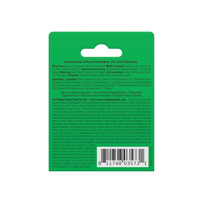 Yes To Cucumber Soothing Lip Balm, Hydrating Non-Sticky Salve That Calms Dry Cracked Lips, Locks In Moisture & Glides On Smoothly, With Aloe Vera & Castor Oil, Natural & Cruelty Free, 0.15 Oz, 3-Pack