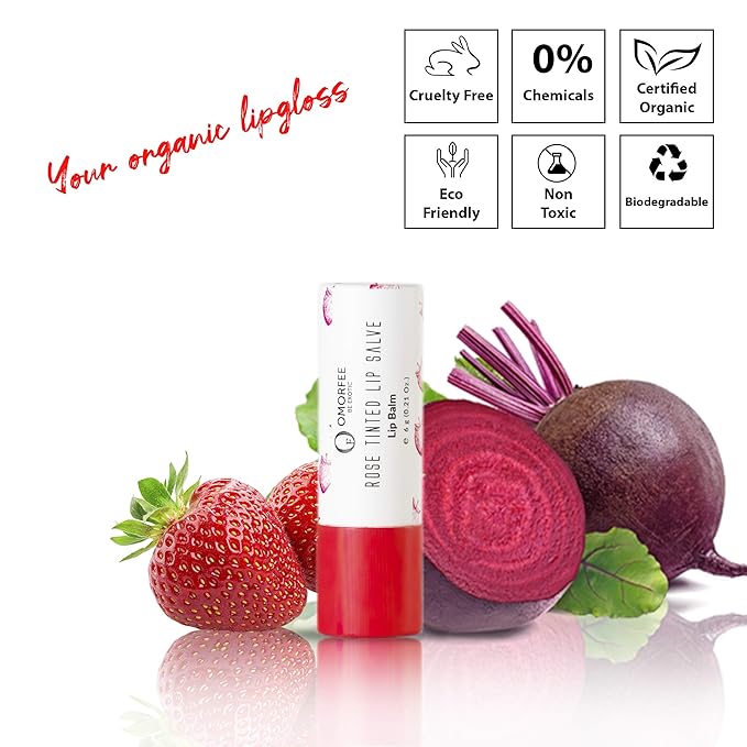 Omorfee 100% Organic Tinted Lip Balm Stick Treatment, Natural Lip Tint Gloss, Long Lasting Rose Lip Tint, Strawberry Flavor, Beetroot & Cocoa Butter, Pink Red Color, Moisturizing Lip Balm - 6g/0.21Oz