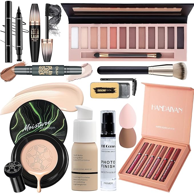 Face Primer, Makeup Brush and Sponges, Eyebrow Soap and Pencil, Mascara, Winged Eyeliner Stamp, cosmetic bag，Eyebrow Soap and Pencil, Mascara, Winged Eyeliner Stamp
