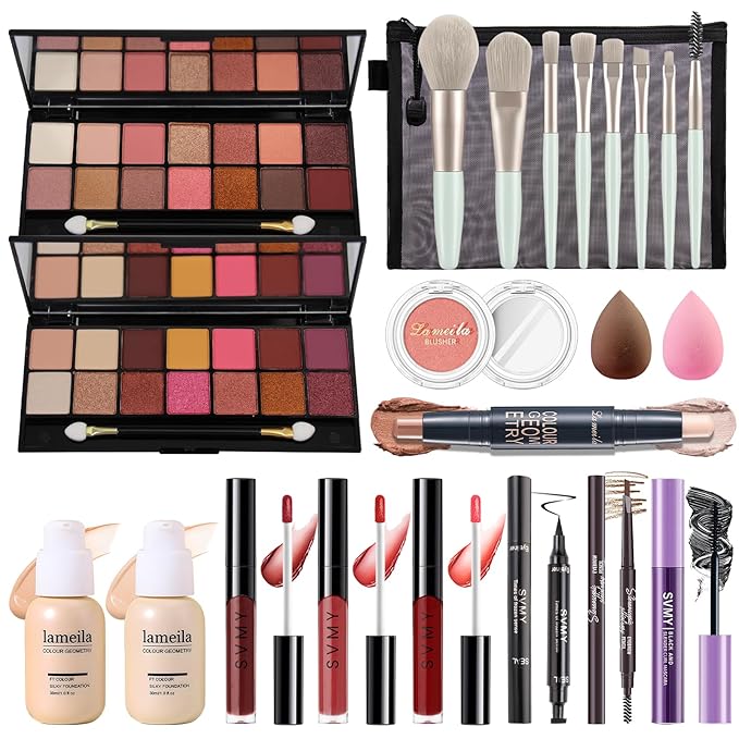 Makeup Present Set for Teen Girl Women, Travel Makeup Kit, Makeup Full Kit for Beginner, Makeup Bundle Include 2 Matte & Shimmer Eyeshadow Palettes, Liquid Glitter Eyeshadow & Eyeliner