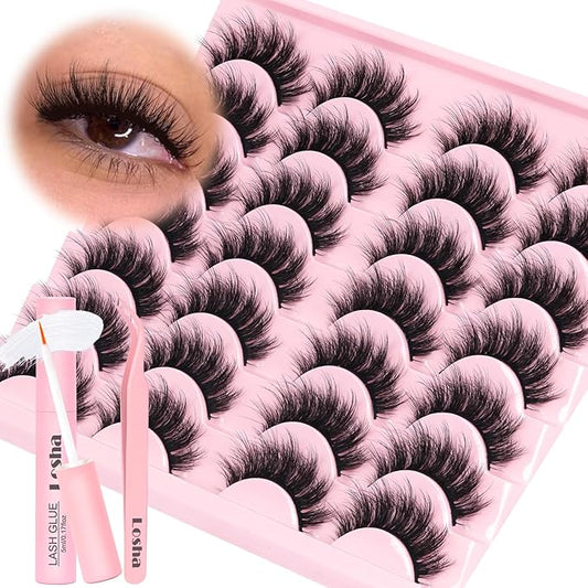 Losha Lashes Fluffy False Eyelashes 5D Volume Eye Lashes Kit with Lash Glue and Lash Tweezers 14 Pairs Vegan Fake Eyelashes Soft Faux Mink Lashes Pack (Thrives)