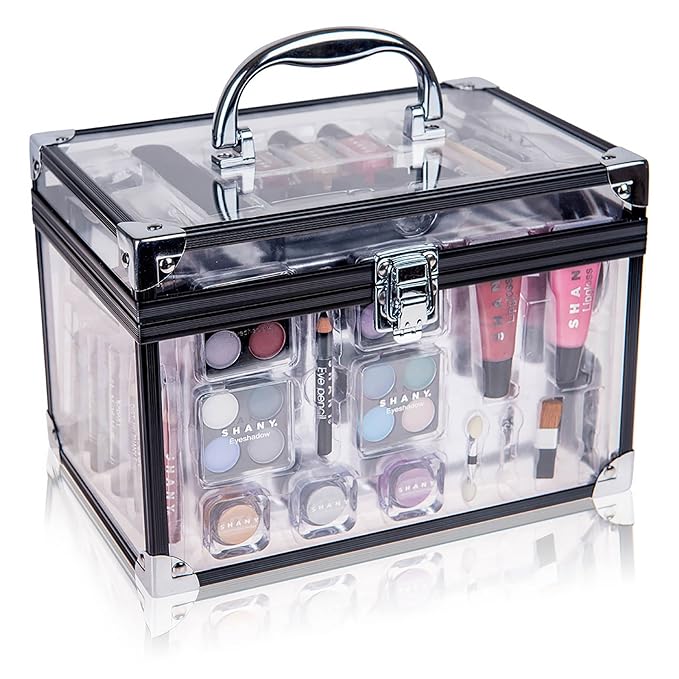 SHANY Carry All Trunk Makeup Train Case with Re-usable Aluminum Makeup Storage Case. Non Toxic Color Make up Set with Eye palettes, Blushes,Makeup Powders, Manicure, Pedicure and Makeup Brushes.