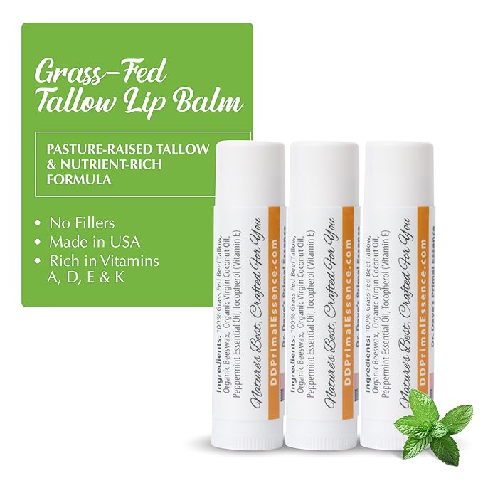 Moisturizing Tallow Lip Balm – Grass-Fed Beef Tallow with Organic Coconut Oil, Beeswax, and Vitamin E – Peppermint – Lip Balm Set – Travel Essential – 3-Pack