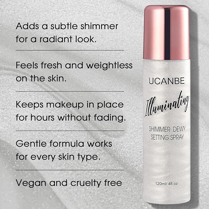 UCANBE Shimmer Dewy Setting Spray – Glowing + Makeup Setting Spray 2 in 1 Lightweight Formula for a Radiant Glow,Long-Lasting Face Mist for Face Body, 4 Fl Oz #Silver