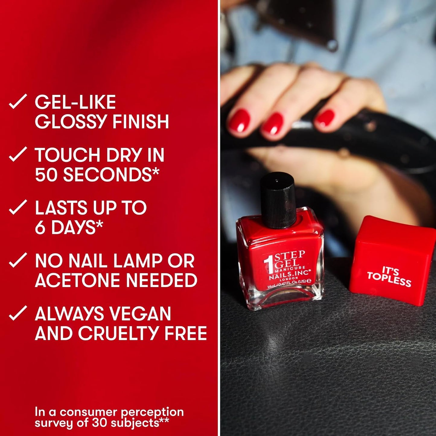 Nails Inc It's Topless Gel-Like Nail Polish, 4-in-1 Base Coat, Treatment, Color & Top Coat, Long Lasting, Strong, Chip Free Nails, Glossy Salon Quality Manicure, Air Dry Nail Polish, Emily, 0.47 Fl Oz