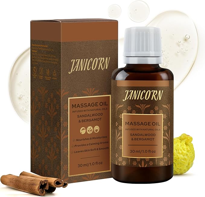 Sandalwood & Bergamot Botanical Massage Oil – Lightweight Body Oil with Jojoba & Almond – Wood & Citrus Aroma for Deep Massage, Fascia Release & Self-Care, 30ml (1.0 fl oz)