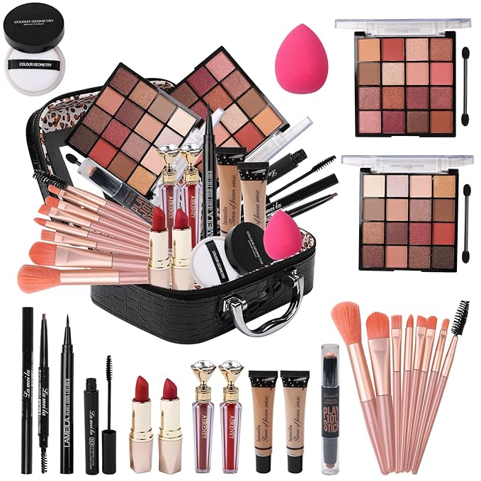 Makeup Kit for Teen Girls,All in One Makeup Kit for 2X16 Colors Eyeshadow Liquid Foundation Eyeliner Pencils Contouring Stick Lip Gloss Eyebrow Pencils 8Pcs Makeup Brushes etc (black)