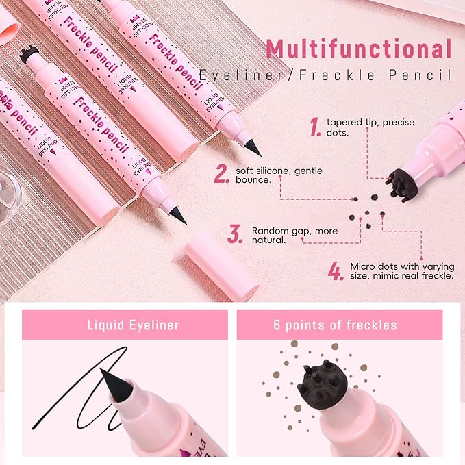Freckle Stamp with Eyeliner Pen 2 in 1 for Natural Lifelike Faux Freckle Waterproof Fake Freckles Stain Marker for Sunkissed Makeup #Brown&Black