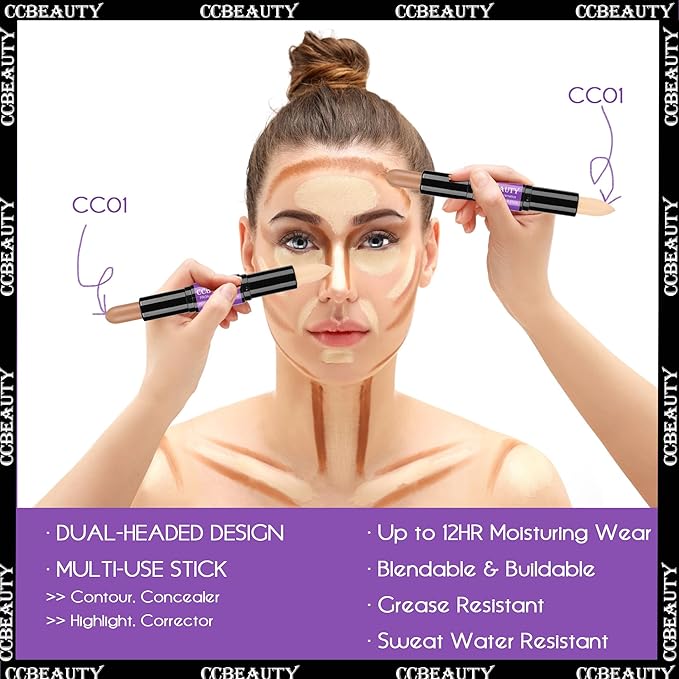 CCbeauty 2-IN-1 Contour Stick Makeup,Cream Shimmer Highlighter Bronzer Stick, Highlighting Contouring Kit, Highlight Concealer Sticks for Face Shaping Make up, Long Lasting & Waterproof