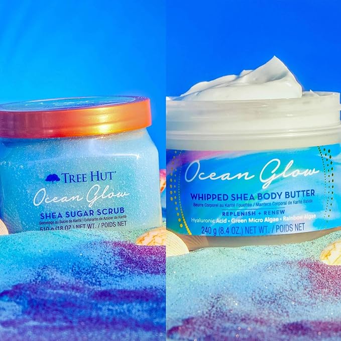 Ocean Glow Shea Sugar Scrub And Whipped Shea Body Butter Bundled With Beauty Patooty Self-Care Kit - Makeup Bag, Lip Balm, And Sleep Mask