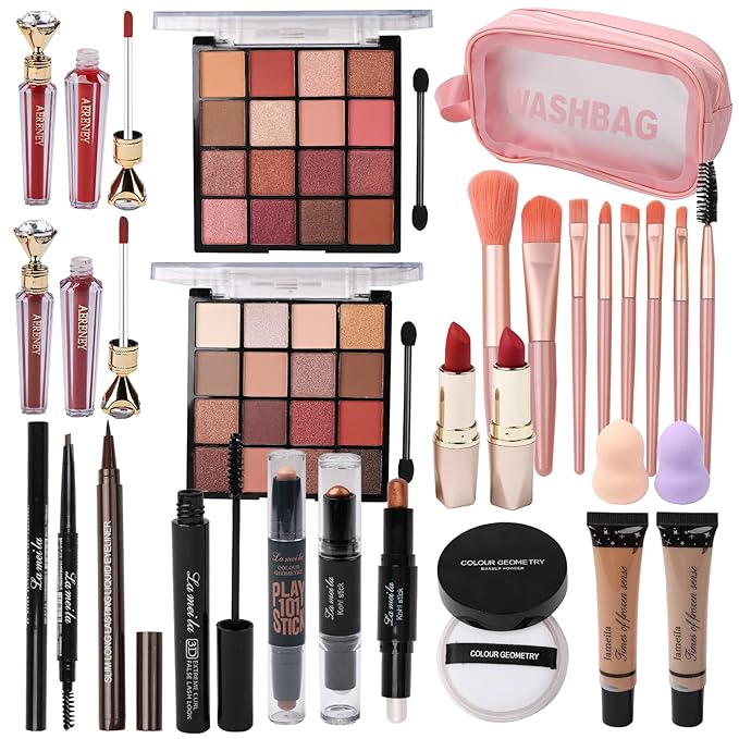 All in One Makeup Kit For Women Girls Teens 2x16 Colors Eyeshadow Palette Liquid Foundation Eyeliner Pencils Contouring Stick Lip Gloss Eyebrow Pencils Mascara Powder Puff Makeup Brushes Makeup sets