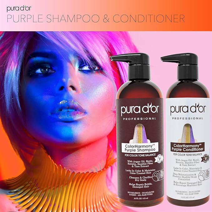 PURA D'OR Purple Shampoo & Conditioner (16oz x 2) ColorHarmony Biotin Set For Bleached, Blonde, Silver & Color Treated Hair - Keratin, Bamboo Fiber, No Sulfates - Men & Women